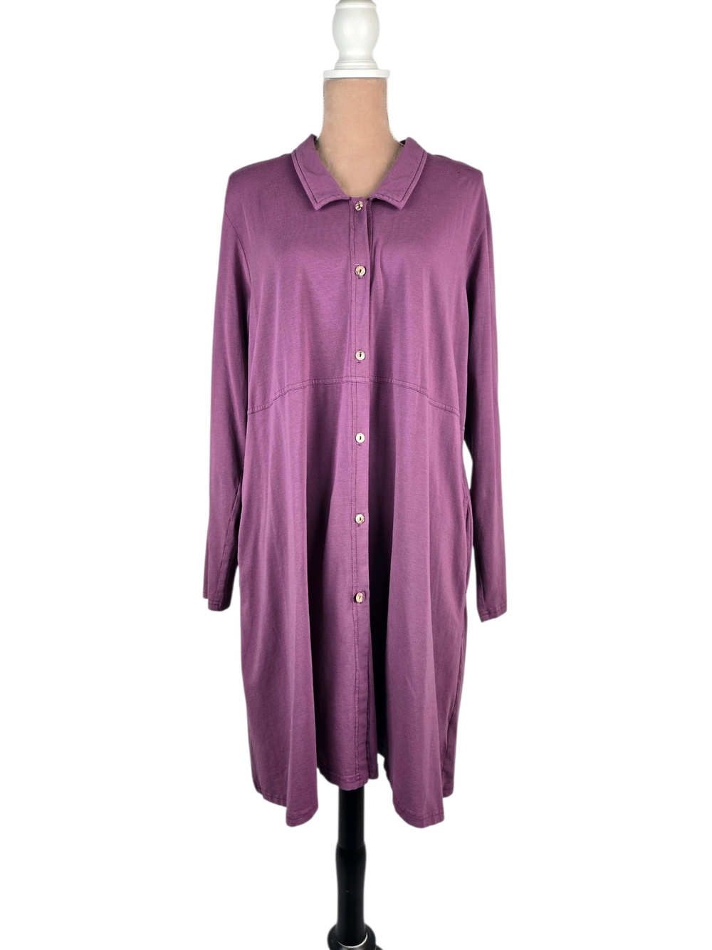Kleen Shirt Dress Cotton Button Front Collared Long Sleeve Pockets Purple 1X